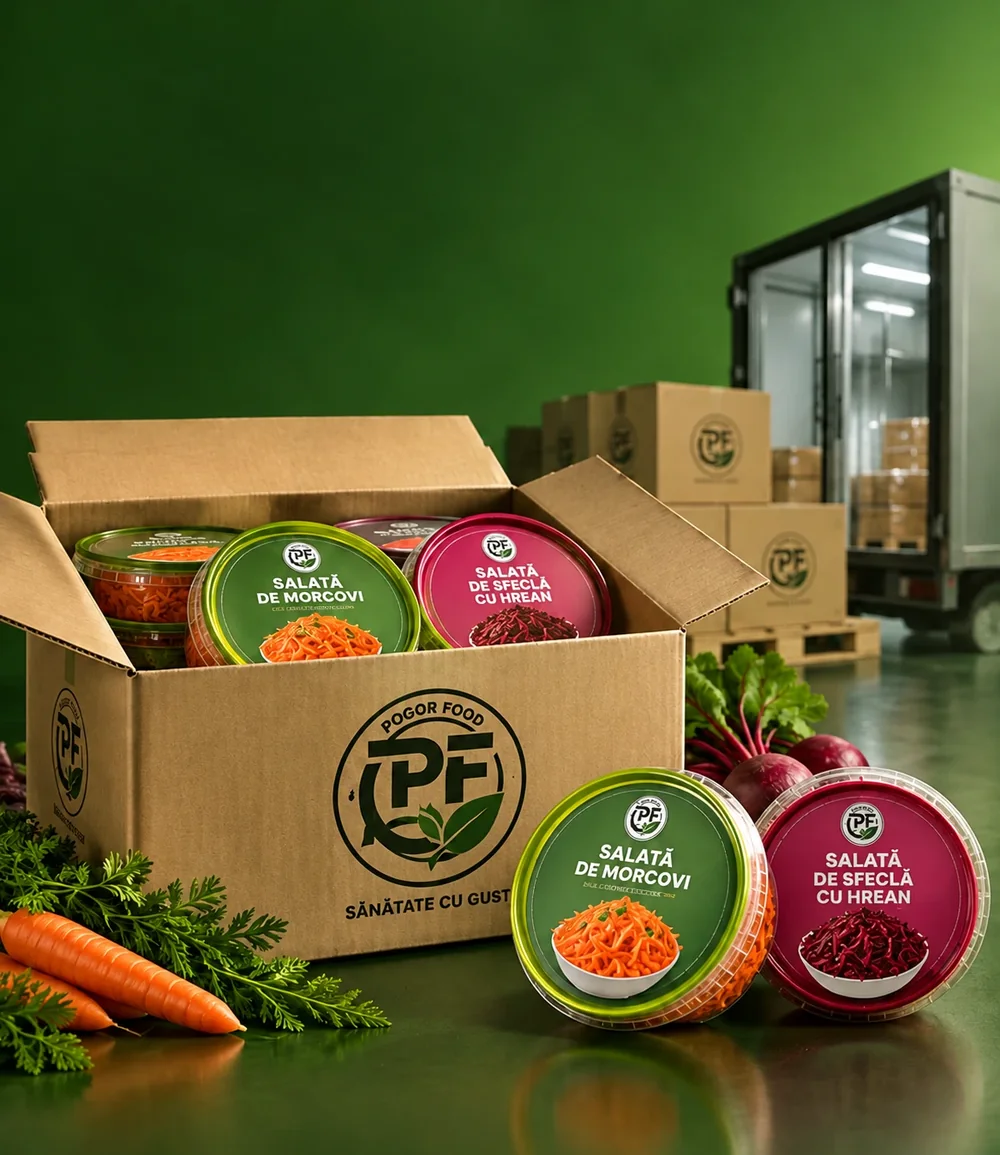 Pogor Food box of carrot and beetroot salads in front of a reefer truck